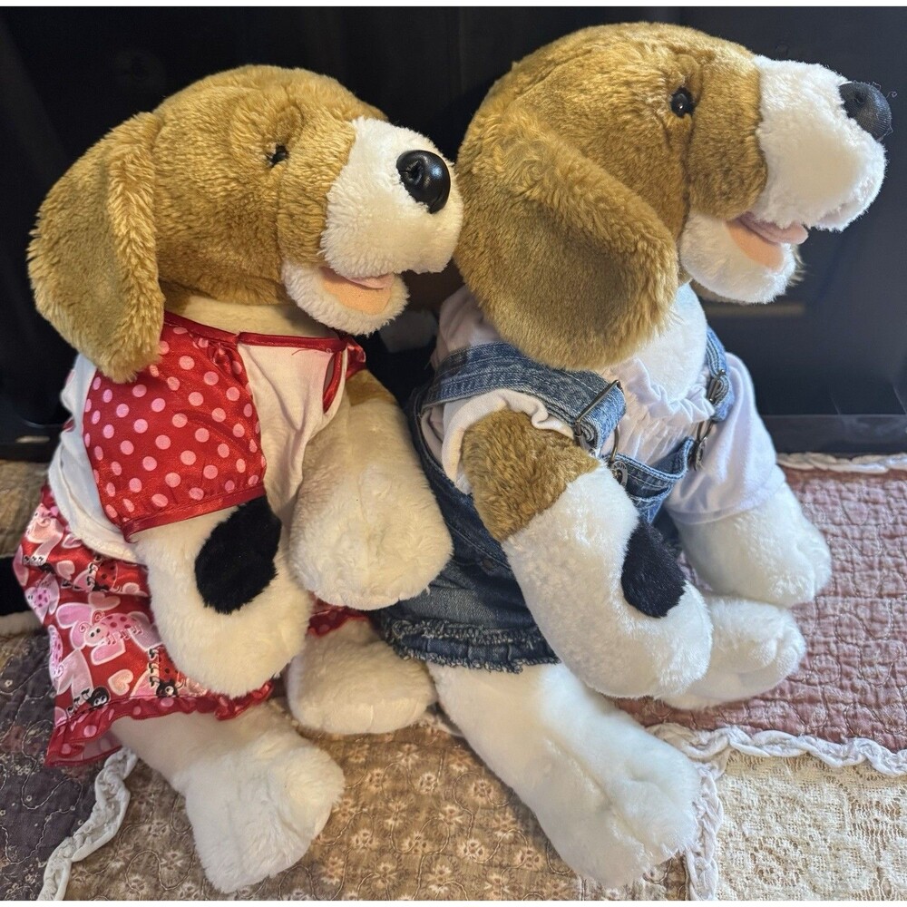 2 Original Build a Bear Retired Kennel Pal Beagle Hound Plush Dogs W/ Outfits